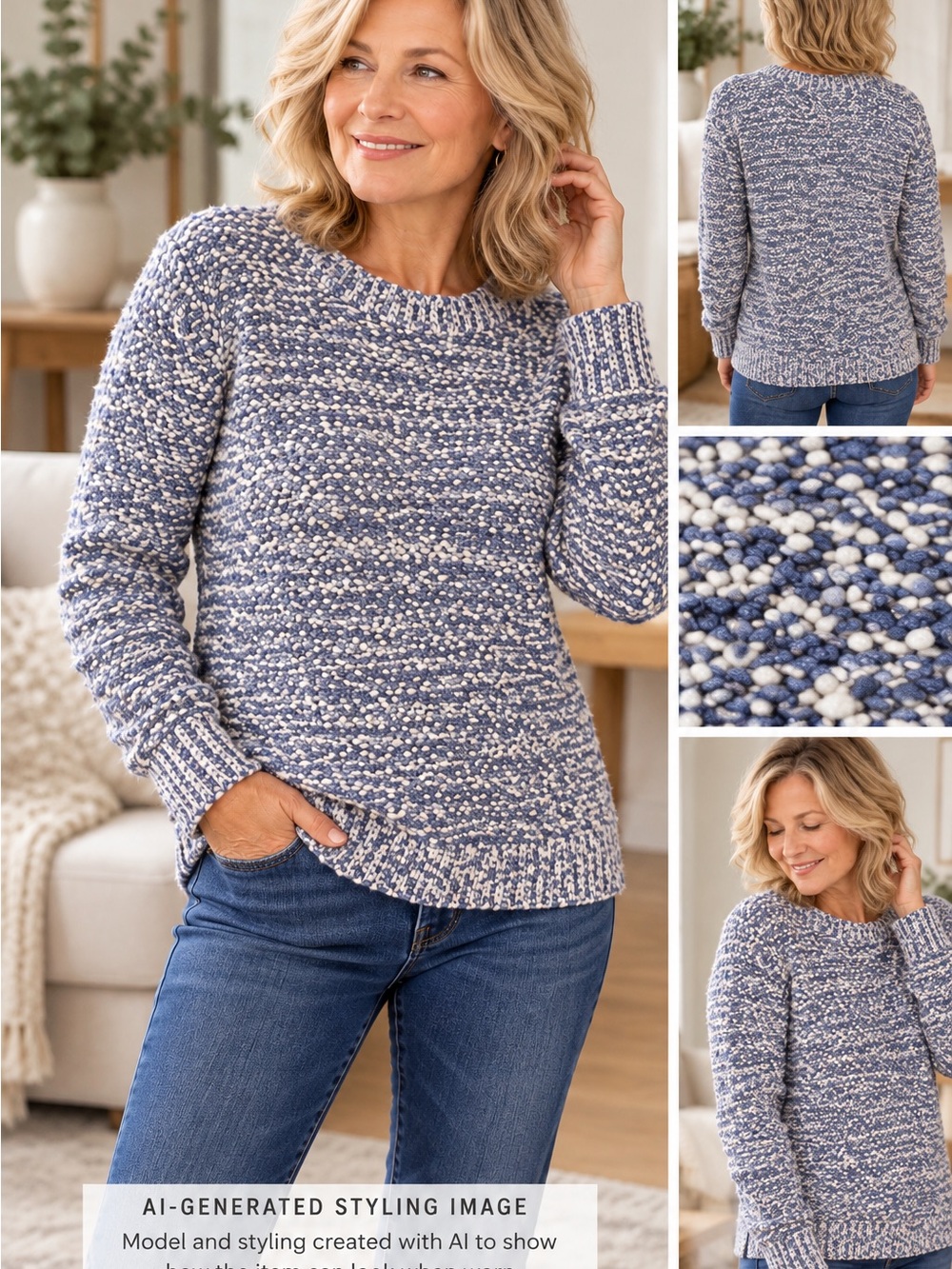 Pure Jill Textured Bouclé Knit Pullover Sweater Women’s Large Periwinkle Ivory